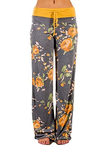 iChunhua Women's Comfy Stretch Floral Print Drawstring Palazzo Wide Leg Lounge Pants(L,Yellow) - Image 1