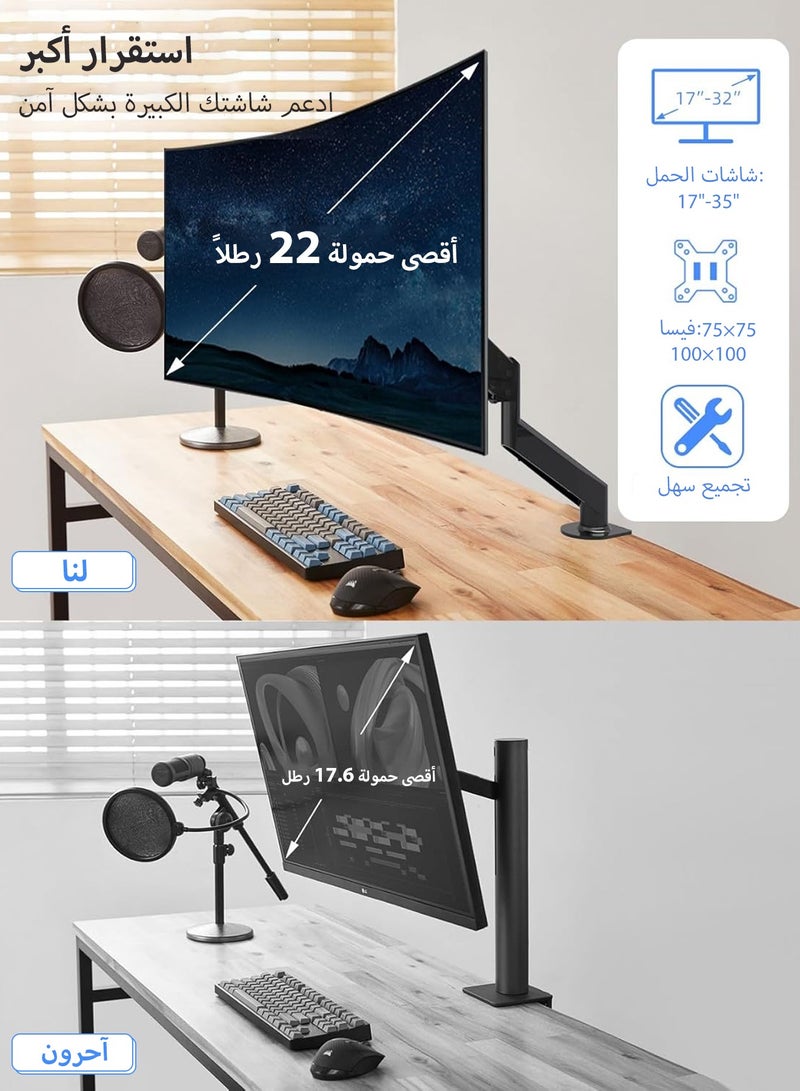 Single Monitor Arm - Ergonomic Monitor Stand VESA Mount, Computer Monitor Arm Gas Spring, VESA Arm Adjustable Monitor arm, Monitor Mount  2 Grommet Mounting Base for 17 to 35'' 2-10 kgs Sceens - Image 2