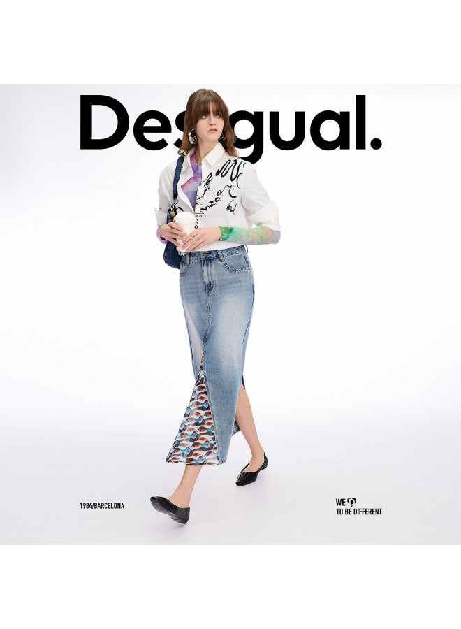 DESIGUAL تنورة باتش ورك من قماش الجينز المغسول والشيفون المطبوعة ربيع-صيف 2025 - Image 5
