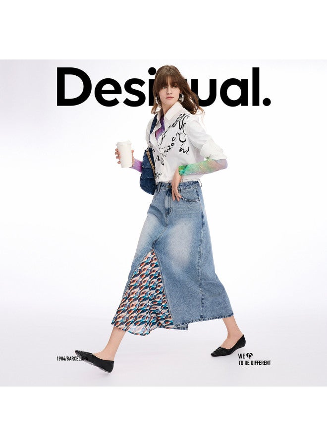 DESIGUAL تنورة باتش ورك من قماش الجينز المغسول والشيفون المطبوعة ربيع-صيف 2025 - Image 2