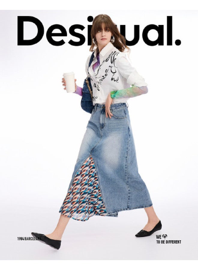 DESIGUAL تنورة باتش ورك من قماش الجينز المغسول والشيفون المطبوعة ربيع-صيف 2025 - Image 1