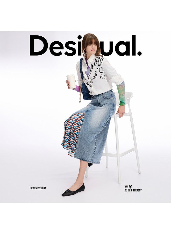 DESIGUAL تنورة باتش ورك من قماش الجينز المغسول والشيفون المطبوعة ربيع-صيف 2025 - Image 3