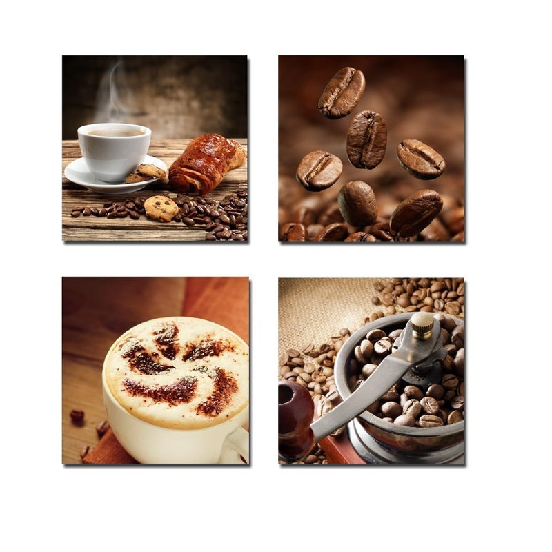 Wieco Art Wieco Art 4 Panels Coffee Bean Kitchen Canvas Wall Art Coffee Cup Canvas Prints Wall Decor Dining Room Canvas Art Contemporary Pictures for Kitchen Bar Decoration
