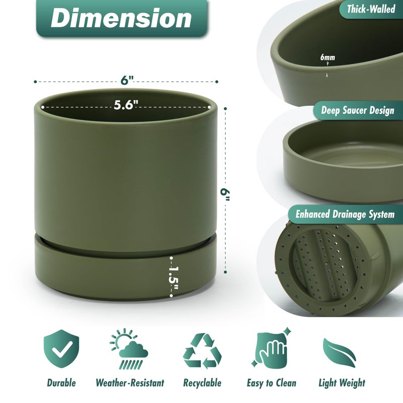 Phoenix Vine 6 Inch Planter Pot with Drainage Hole & Saucer, Deep Water Catch Tray, Straight Cylindrical Round Pot for Plants, Olive, Pack of 1, 23-F-S-1 - Image 3