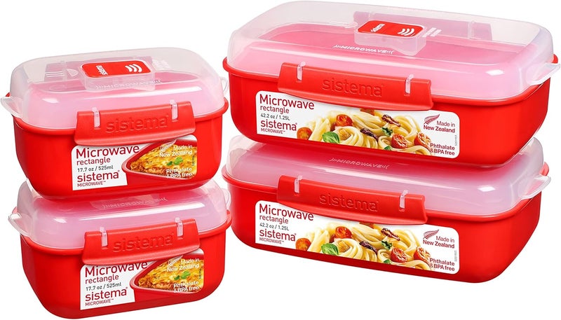 سيستيما مجموعة أوعية طعام مستطيلة من نوع Heat and Eat تحتوي على غطاء، سعة 1.25 لتر + 2 عبوة سعة 525 مل لكل منها | مشابك قفل وفتحات لتصريف البخار | خالية من مادة BPA، مناسبة للاستخدام في الميكروويف، مقاسات 8x10/16x20، عبوة تحتوي على 4 أوعية، لون أحمر - Image 1
