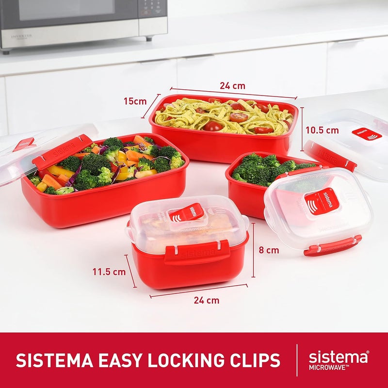 سيستيما مجموعة أوعية طعام مستطيلة من نوع Heat and Eat تحتوي على غطاء، سعة 1.25 لتر + 2 عبوة سعة 525 مل لكل منها | مشابك قفل وفتحات لتصريف البخار | خالية من مادة BPA، مناسبة للاستخدام في الميكروويف، مقاسات 8x10/16x20، عبوة تحتوي على 4 أوعية، لون أحمر - Image 3