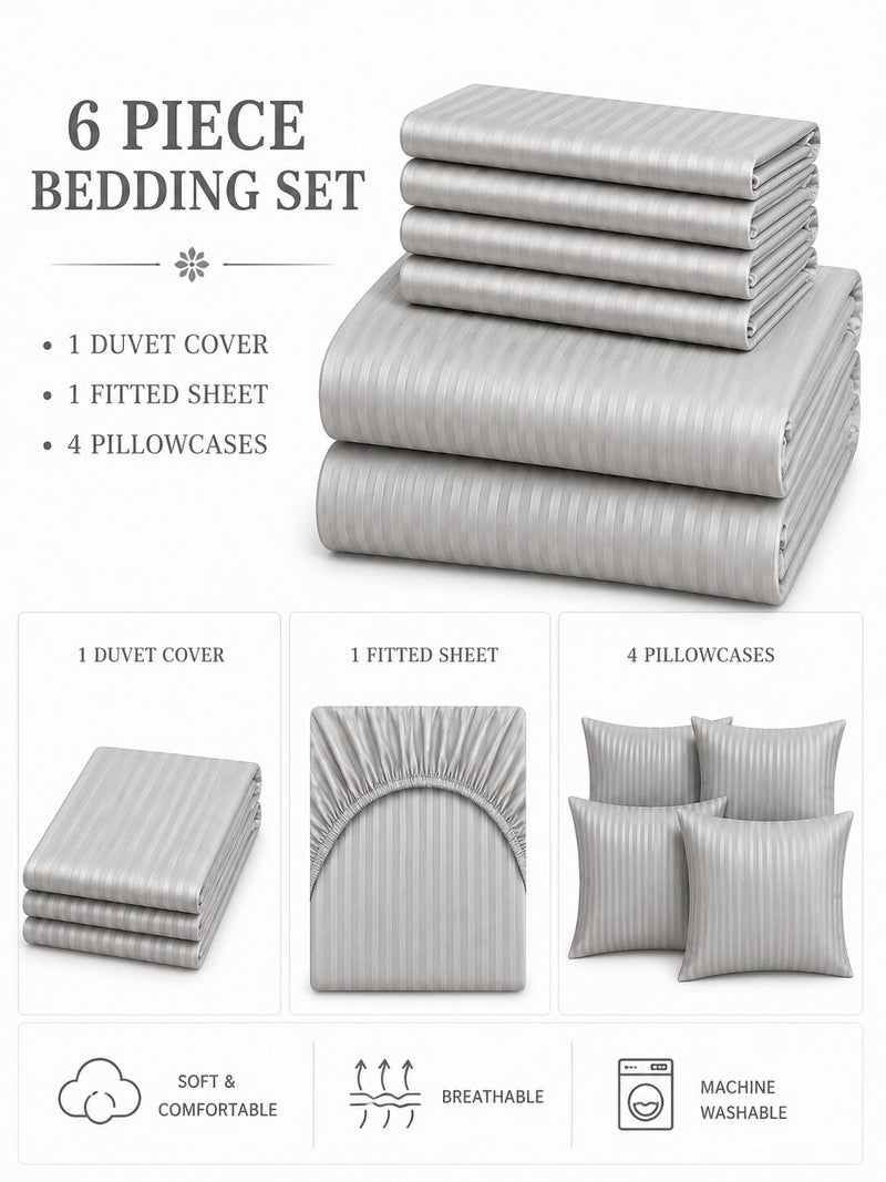 Aristocrat 6-Piece Stripe Microfiber Duvet Cover Set | Single | Includes 1 Duvet Cover (160x220cm), 1 Deep Pocket Fitted Sheet (120x200+30cm) & 4 Pillowcases (53x75+15cm) | Ultra Soft, Breathable & Wrinkle Resistant-silver - Image 2