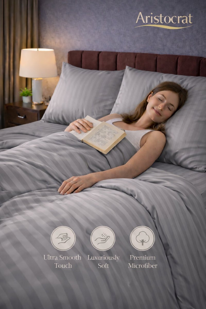 Aristocrat 6-Piece Stripe Microfiber Duvet Cover Set | Single | Includes 1 Duvet Cover (160x220cm), 1 Deep Pocket Fitted Sheet (120x200+30cm) & 4 Pillowcases (53x75+15cm) | Ultra Soft, Breathable & Wrinkle Resistant-silver - Image 4