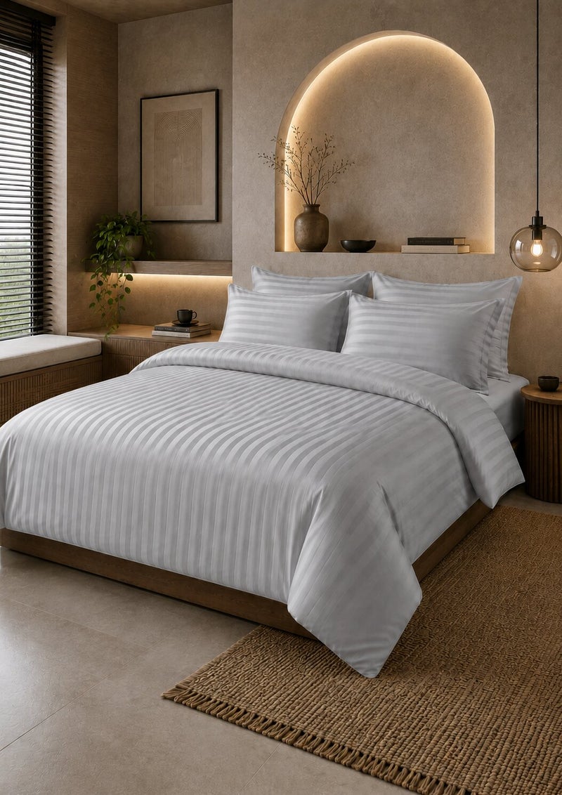 Aristocrat 6-Piece Stripe Microfiber Duvet Cover Set | Single | Includes 1 Duvet Cover (160x220cm), 1 Deep Pocket Fitted Sheet (120x200+30cm) & 4 Pillowcases (53x75+15cm) | Ultra Soft, Breathable & Wrinkle Resistant-silver - Image 1
