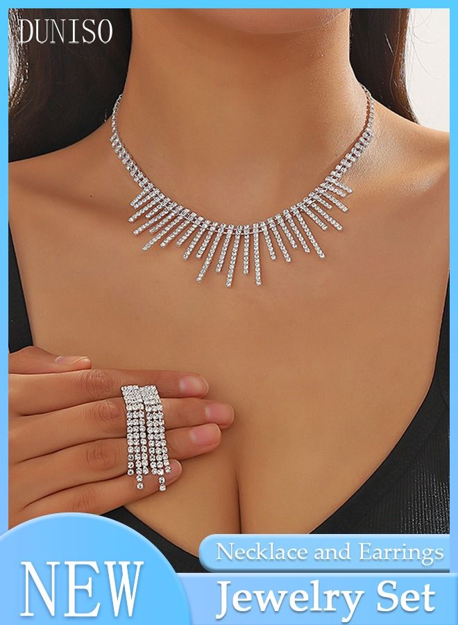 DUNISO 2Piece Jewelry Set With Necklace and Earrings Full Diamond V Neck Necklace Pendant Crystal Earrings Wedding Bridal Bridesmaid Costume Jewelry Set for Women and Girls Dress Accessories - Image 1