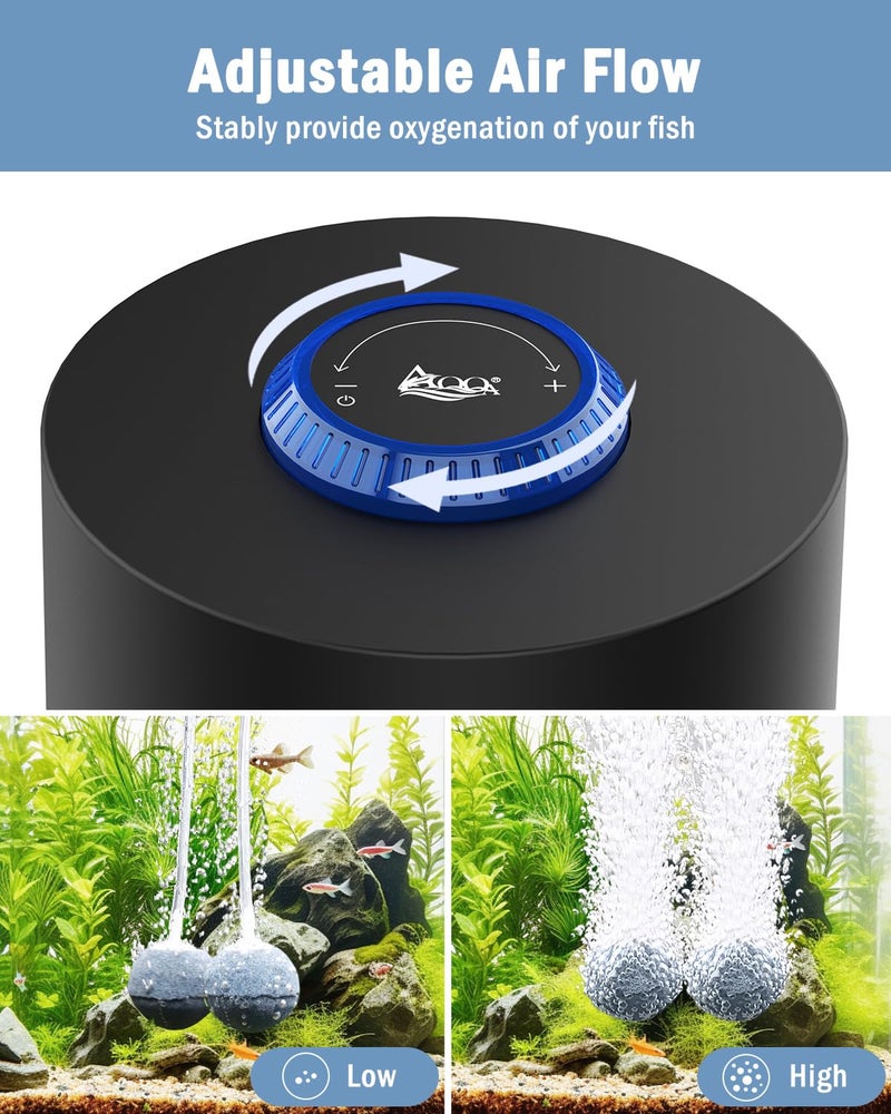 AQQA Aquarium Air Pump, Ultra-Quiet Powerful Fish Tank Air Pump 3W/6W/10W with Stainess Steel Dual Outlet, Adjustable Oxygen Aerator Pump with Air Stone Bubbler for Fish Tank Up to 200 Gallon (6W) - Image 2