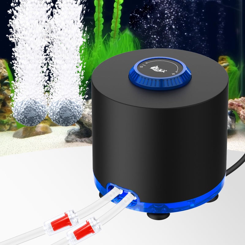AQQA Aquarium Air Pump, Ultra-Quiet Powerful Fish Tank Air Pump 3W/6W/10W with Stainess Steel Dual Outlet, Adjustable Oxygen Aerator Pump with Air Stone Bubbler for Fish Tank Up to 200 Gallon (6W) - Image 1