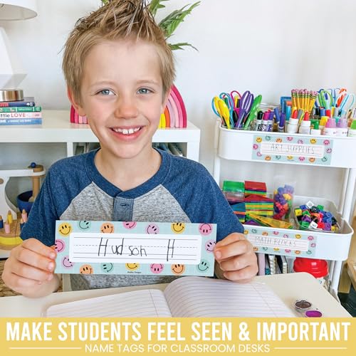 Hadley Designs Desk Name Tags for Classroom -36 Student Name Plates for Classroom Kindergarten, Preschool, 1st, 2nd & 3rd Grade, 9x3 Teacher Nameplates for Student Desks & Cubbies, Smiley Nametags - Image 2