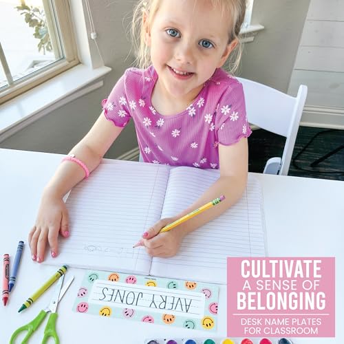 Hadley Designs Desk Name Tags for Classroom -36 Student Name Plates for Classroom Kindergarten, Preschool, 1st, 2nd & 3rd Grade, 9x3 Teacher Nameplates for Student Desks & Cubbies, Smiley Nametags - Image 4