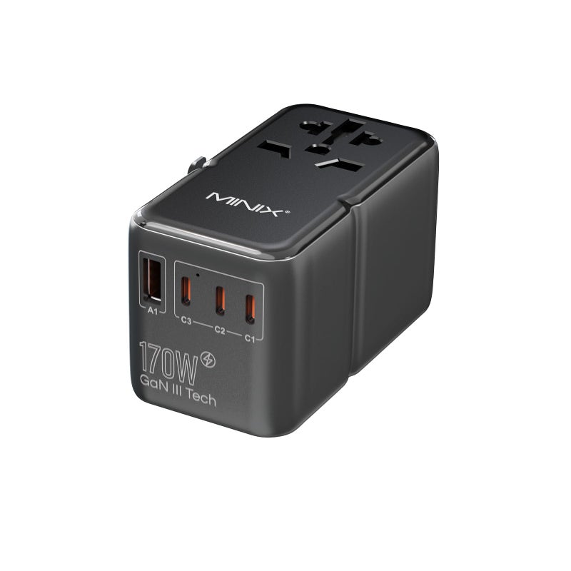 MINIX 170W Universal Travel Adapter GaN III Travel Adapter Worldwide with 3 USB-C & 1 USB-A Ports, International Power Adapter Compatible with US/UK/EU/AU for Laptops, Tablets, Phones, Cameras - Image 1