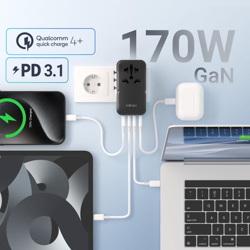 MINIX 170W Universal Travel Adapter GaN III Travel Adapter Worldwide with 3 USB-C & 1 USB-A Ports, International Power Adapter Compatible with US/UK/EU/AU for Laptops, Tablets, Phones, Cameras - Image 3