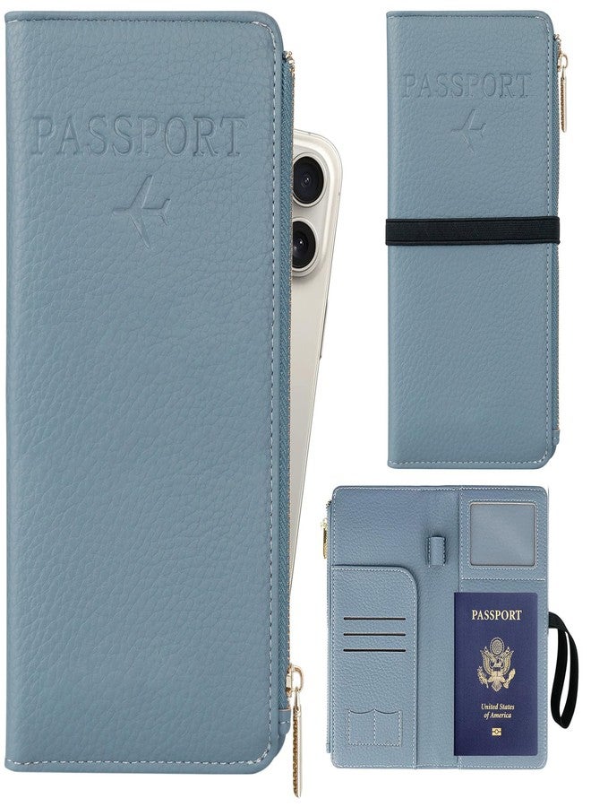 TIGARI Rfid Passport Wallet for Women, Travel Wallet Passport Holder for Travel, Leather Zipper Pocket Card Slots Purses, Travel Document Organizer Waterproof Travel Accessories (Blue) - Image 1