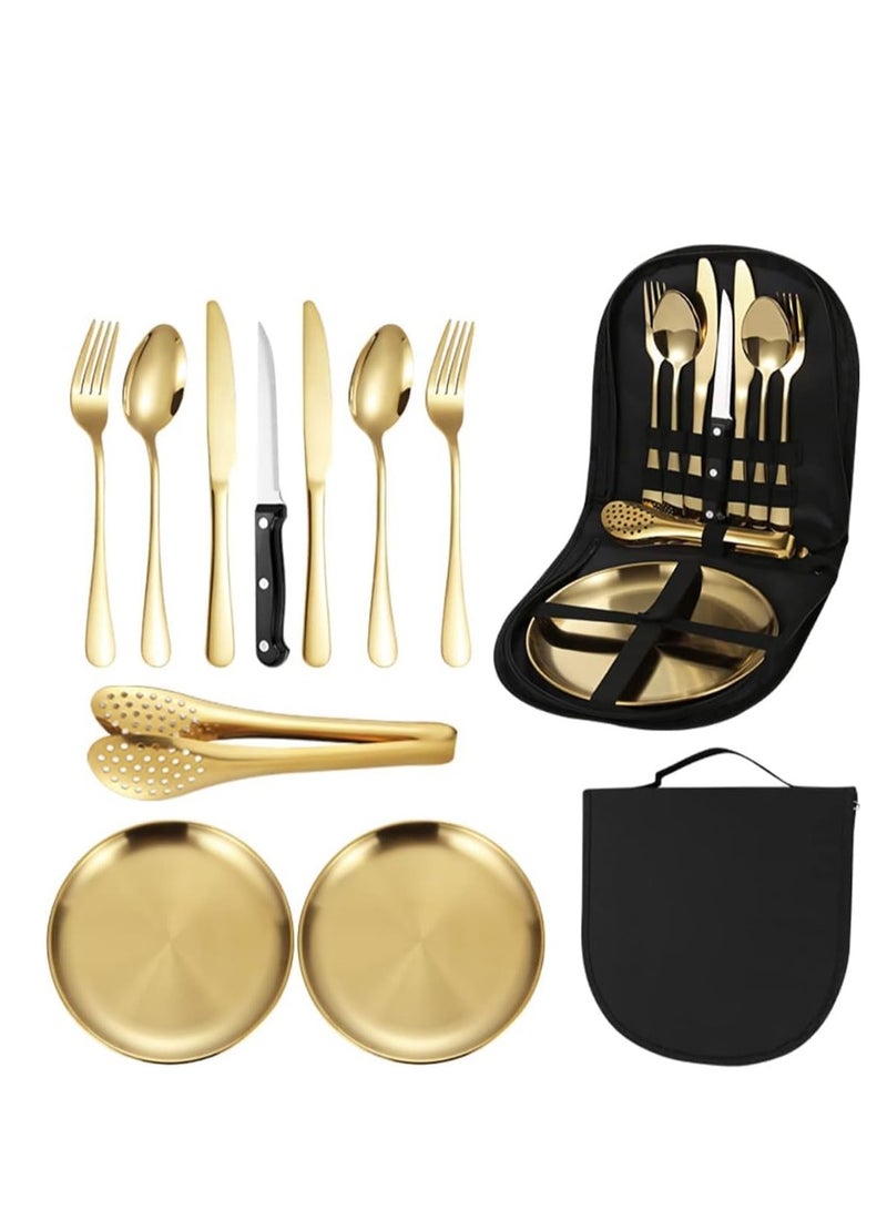 ميكسد مجموعة أدوات المائدة، 10 قطع من أدوات المائدة الفضية المحمولة، سكين، شوكة، ملعقة، طبق، مجموعة مشابك شرائح اللحم، أدوات مائدة من الفولاذ المقاوم للصدأ للسفر والتخييم والنزهات في الهواء الطلق (ذهبي) - Image 1