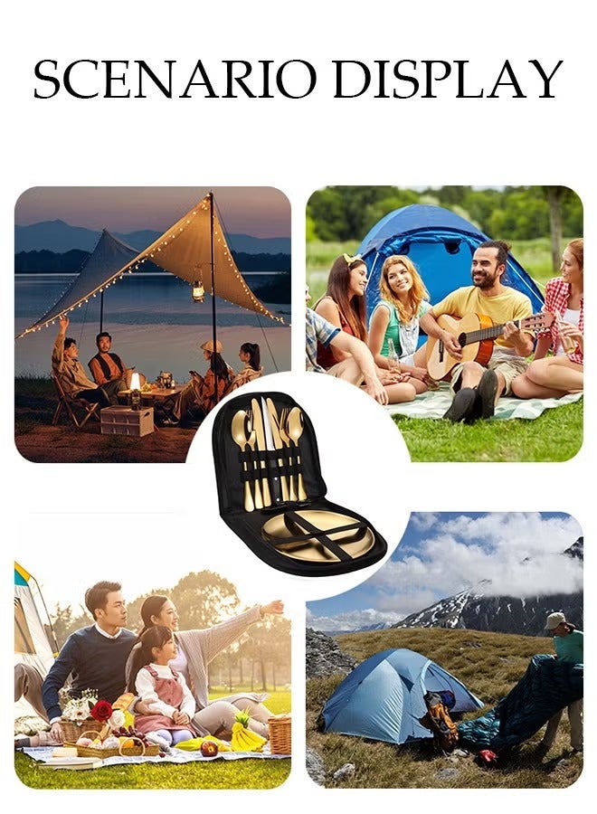 ميكسد مجموعة أدوات المائدة، 10 قطع من أدوات المائدة الفضية المحمولة، سكين، شوكة، ملعقة، طبق، مجموعة مشابك شرائح اللحم، أدوات مائدة من الفولاذ المقاوم للصدأ للسفر والتخييم والنزهات في الهواء الطلق (ذهبي) - Image 2