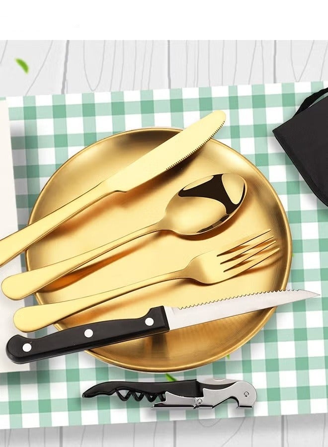 ميكسد مجموعة أدوات المائدة، 10 قطع من أدوات المائدة الفضية المحمولة، سكين، شوكة، ملعقة، طبق، مجموعة مشابك شرائح اللحم، أدوات مائدة من الفولاذ المقاوم للصدأ للسفر والتخييم والنزهات في الهواء الطلق (ذهبي) - Image 4