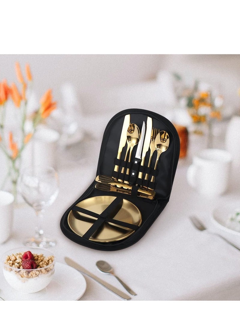 ميكسد مجموعة أدوات المائدة، 10 قطع من أدوات المائدة الفضية المحمولة، سكين، شوكة، ملعقة، طبق، مجموعة مشابك شرائح اللحم، أدوات مائدة من الفولاذ المقاوم للصدأ للسفر والتخييم والنزهات في الهواء الطلق (ذهبي) - Image 5