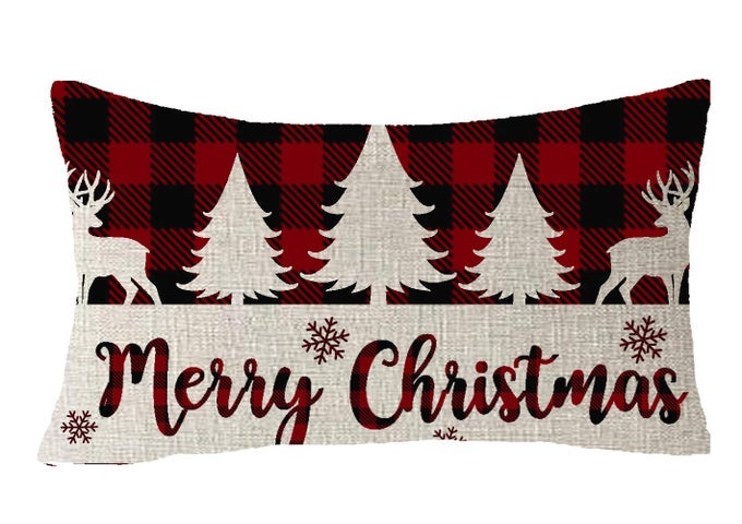 CLASSIC RETRO CHRISTMAS RED BLACK GREEN YELLOW CHRISTMAS TREE SNOWFLAKES PLAID BUFFALO CHECKERED PLAID LATTICE COTTON LINEN DECORATIVE THROW PILLOW COVER CUSHION CASE 12X20 INCHES