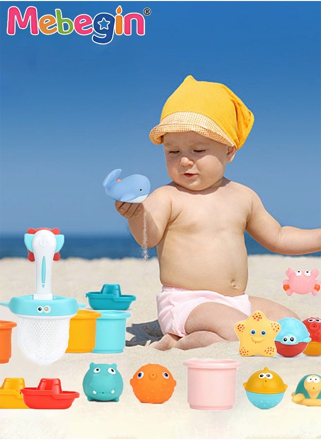 MEBEGIN - 17PCS Beach Toy with Fishing Net Bag, Complete Beach Sand Toys Set, Safe and Child-Friendly Beach Toys with Attractive Design, Creative Bath Toys, Perfect for Any Beach Adventure, Ideal Gift for Kids - Image 1