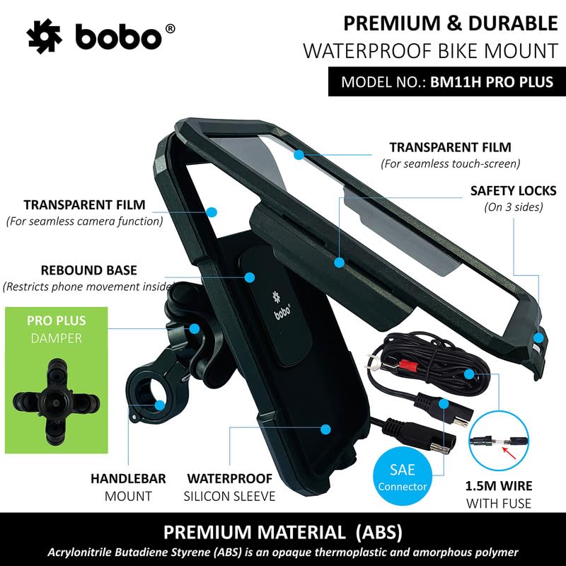 Bobo BM11H PRO Plus Handlebar Mount with Damper, Fully Waterproof Bike/Motorcycle/Scooter Mobile Phone Holder Mount with 15W Wireless & USB-C I/O Charger, Ideal for Maps and GPS Navigation (Black) - Image 3