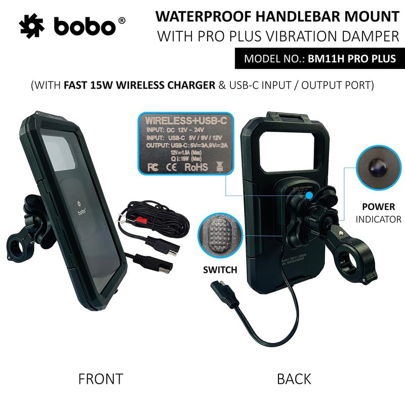 Bobo BM11H PRO Plus Handlebar Mount with Damper, Fully Waterproof Bike/Motorcycle/Scooter Mobile Phone Holder Mount with 15W Wireless & USB-C I/O Charger, Ideal for Maps and GPS Navigation (Black) - Image 2