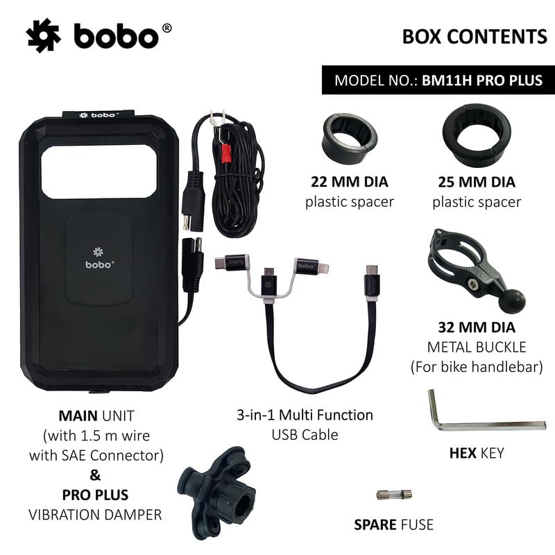 Bobo BM11H PRO Plus Handlebar Mount with Damper, Fully Waterproof Bike/Motorcycle/Scooter Mobile Phone Holder Mount with 15W Wireless & USB-C I/O Charger, Ideal for Maps and GPS Navigation (Black) - Image 4