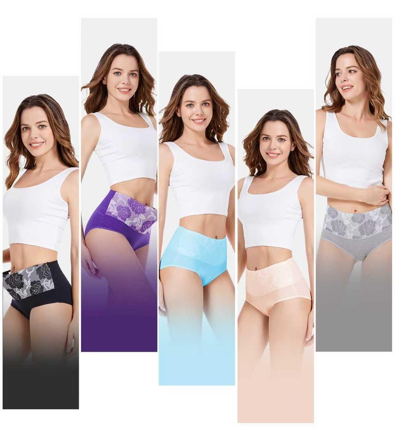 HAVVIS Women's Briefs Underwear Cotton High Waist Tummy Control Panties Rose Jacquard Ladies Panty Multipack (Brief 02-5 Pack - Assorted Colors, XX-Large) - Image 2