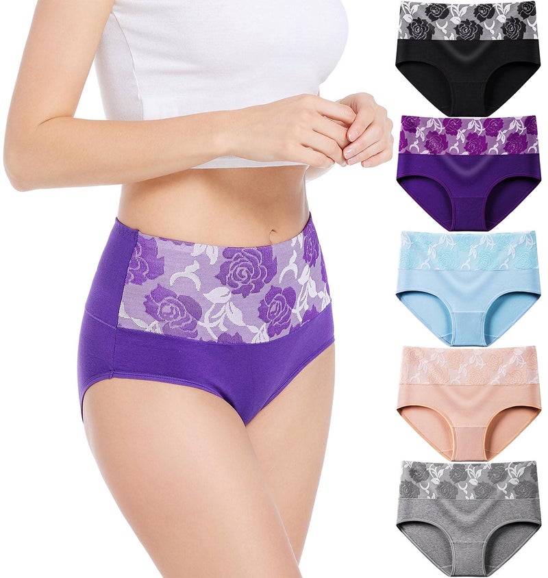 HAVVIS Women's Briefs Underwear Cotton High Waist Tummy Control Panties Rose Jacquard Ladies Panty Multipack (Brief 02-5 Pack - Assorted Colors, XX-Large) - Image 1