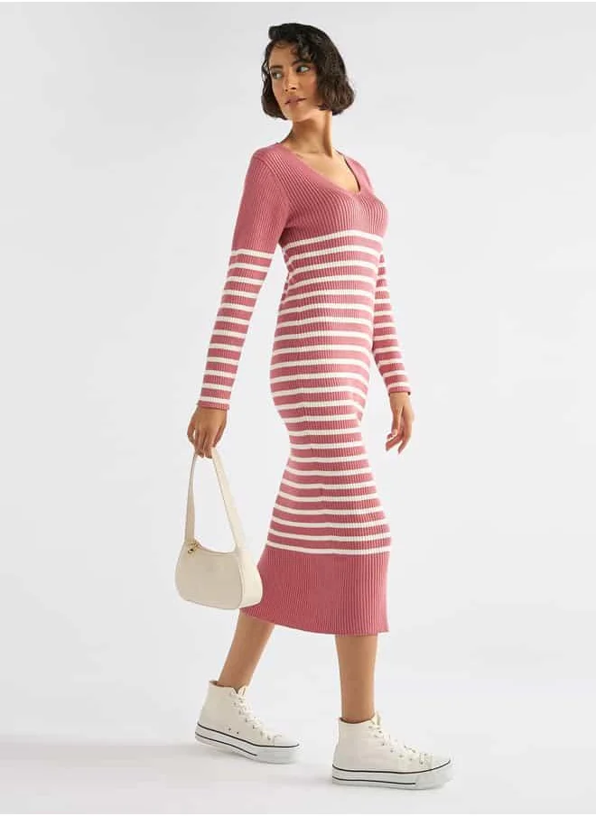 FAV Striped V-neck Dress with Long Sleeves