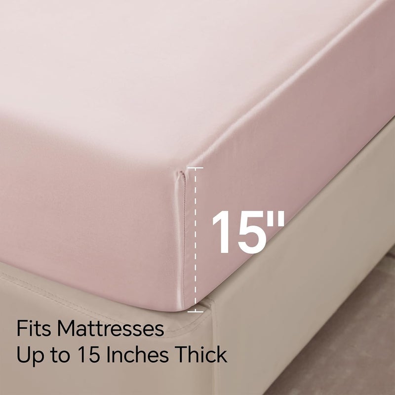 BEDELITE Satin Fitted Sheet and Pillowcases Set, Luxury Soft Similar to Silk Bottom Bedsheet with Elastic Corner Straps, Deep Pocket up to 15 Inch, 1 Fitted Sheet and 2 Pillowcases(Full, Pink) - Image 5