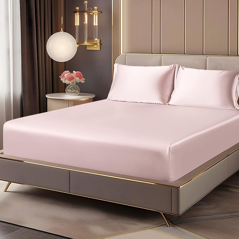 BEDELITE Satin Fitted Sheet and Pillowcases Set, Luxury Soft Similar to Silk Bottom Bedsheet with Elastic Corner Straps, Deep Pocket up to 15 Inch, 1 Fitted Sheet and 2 Pillowcases(Full, Pink) - Image 1