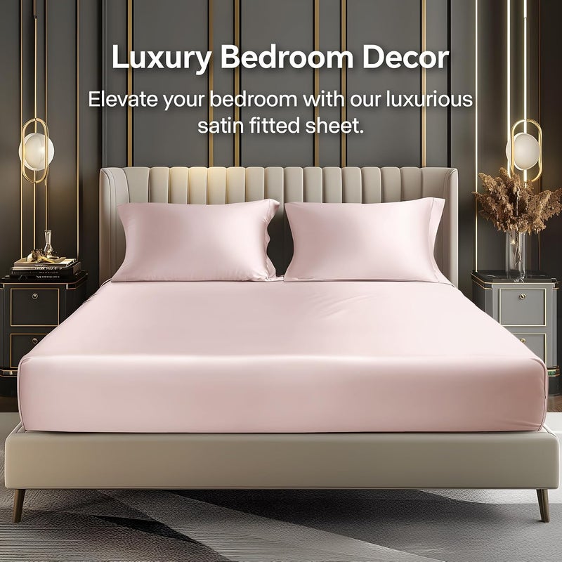 BEDELITE Satin Fitted Sheet and Pillowcases Set, Luxury Soft Similar to Silk Bottom Bedsheet with Elastic Corner Straps, Deep Pocket up to 15 Inch, 1 Fitted Sheet and 2 Pillowcases(Full, Pink) - Image 2