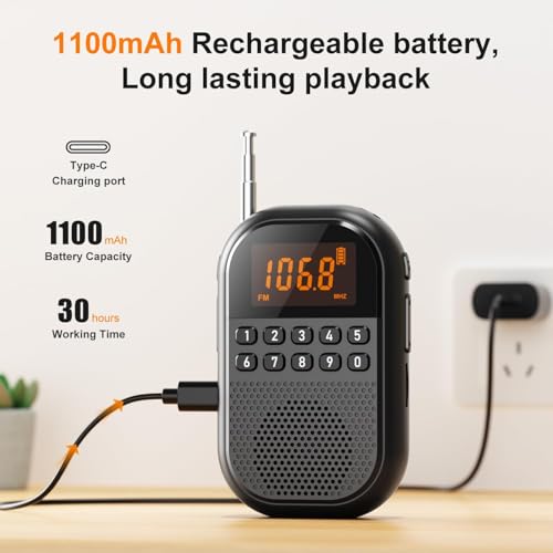 Cason Small FM Radio for Pocket/Mini AM FM Radio with Earphones,Portable FM with Large Stereo Speaker & USB Rechargeable, LCD Screen, Easy to use for Jogging, Walking(Black) - Image 3