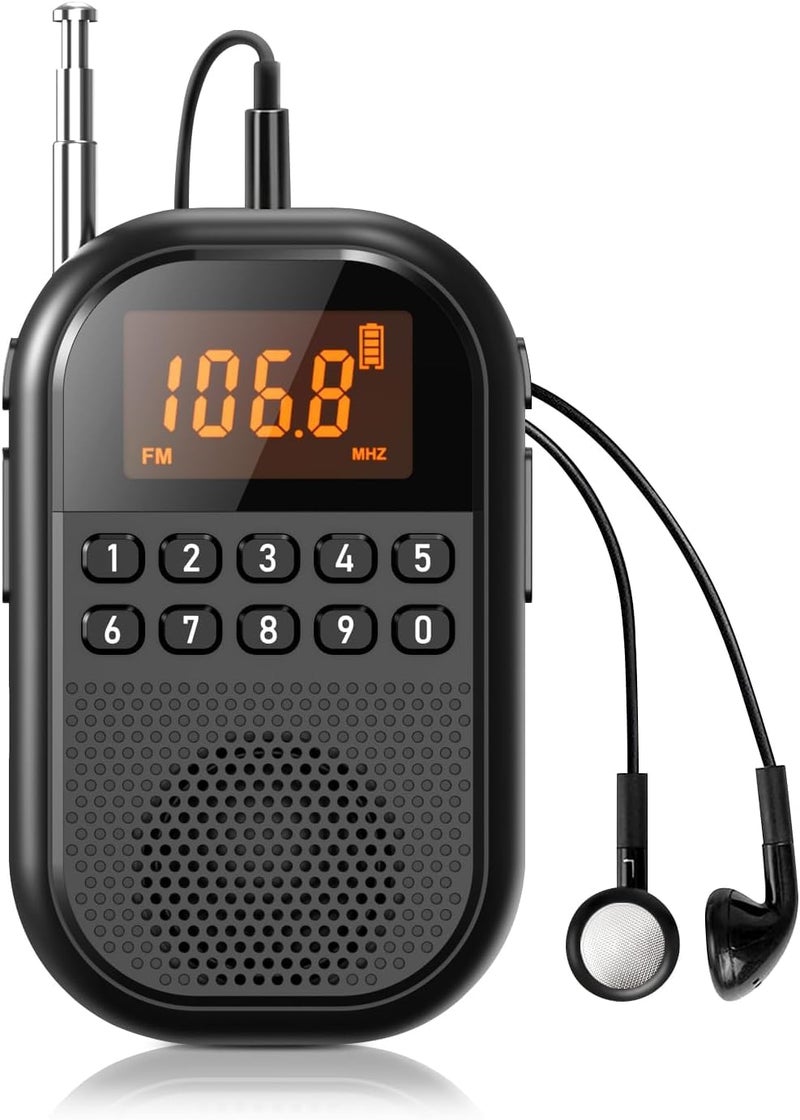 Cason Small FM Radio for Pocket/Mini AM FM Radio with Earphones,Portable FM with Large Stereo Speaker & USB Rechargeable, LCD Screen, Easy to use for Jogging, Walking(Black) - Image 1