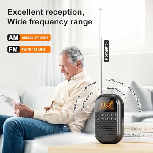 Cason Small FM Radio for Pocket/Mini AM FM Radio with Earphones,Portable FM with Large Stereo Speaker & USB Rechargeable, LCD Screen, Easy to use for Jogging, Walking(Black) - Image 2