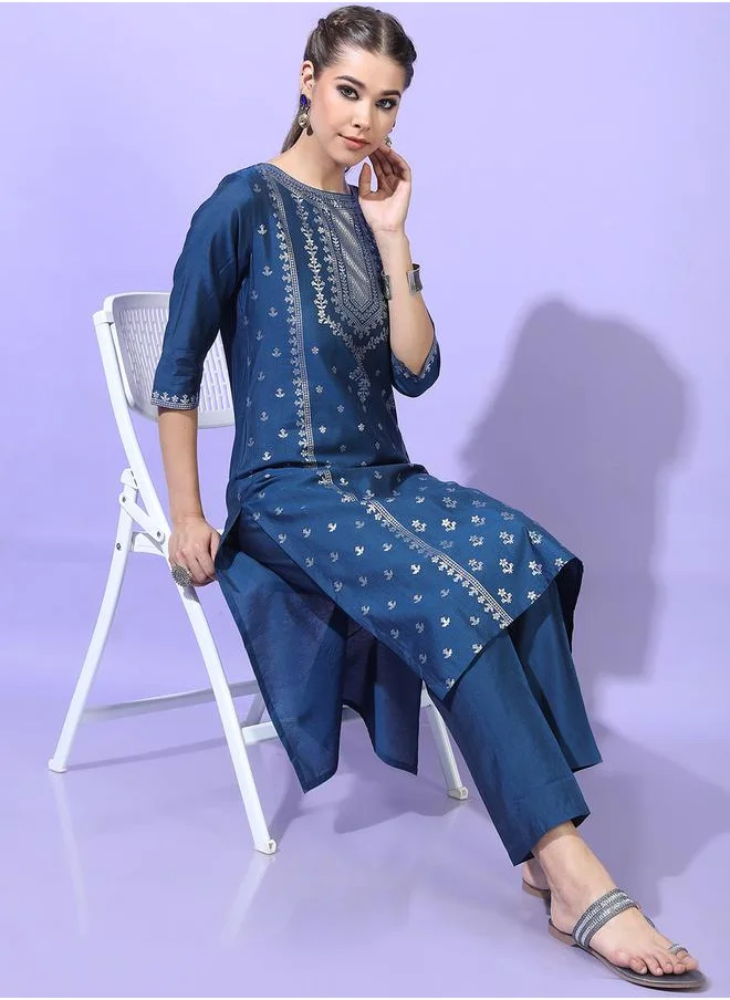 فيشود Women Teal Blue Printed Kurta with Trousers by Styli