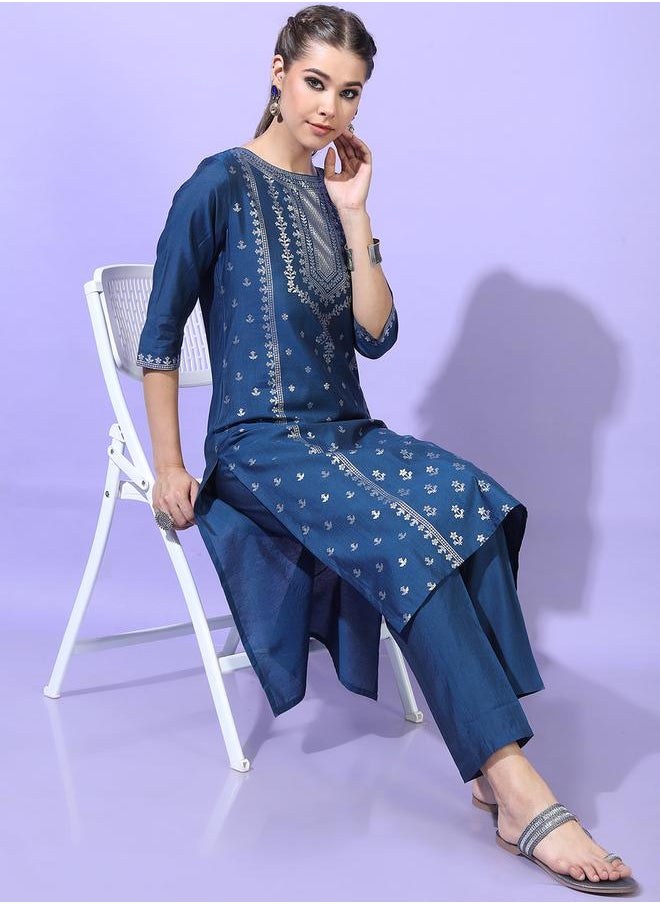Vishudh Women Teal Blue Printed Kurta with Trousers by Styli  - Image 1