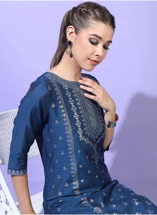 فيشود Women Teal Blue Printed Kurta with Trousers by Styli