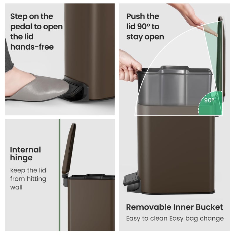 Cesun Small Bathroom Trash Can with Lid Soft Close, Step Pedal, 6 Liter / 1.6 Gallon Stainless Steel Garbage Can with Removable Inner Bucket, Anti-Fingerprint Finish (Brown) - Image 5