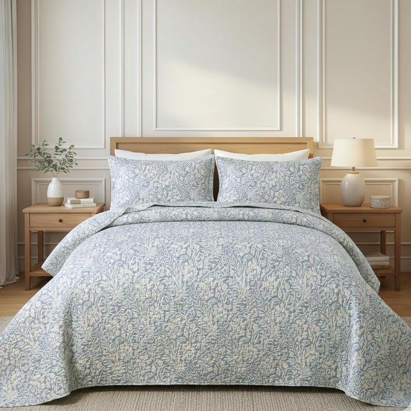 DURLENGEN Botanical Quilt Set King Size 3Pcs, Bluish Grey Printed with Beige Leaves Pattern,Soft Polyester Lightweight Bedspread for All Season Layering(King 106x96,Beige Botanical) - Image 1
