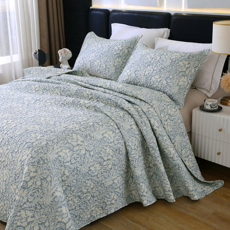 DURLENGEN Botanical Quilt Set King Size 3Pcs, Bluish Grey Printed with Beige Leaves Pattern,Soft Polyester Lightweight Bedspread for All Season Layering(King 106x96,Beige Botanical) - Image 2
