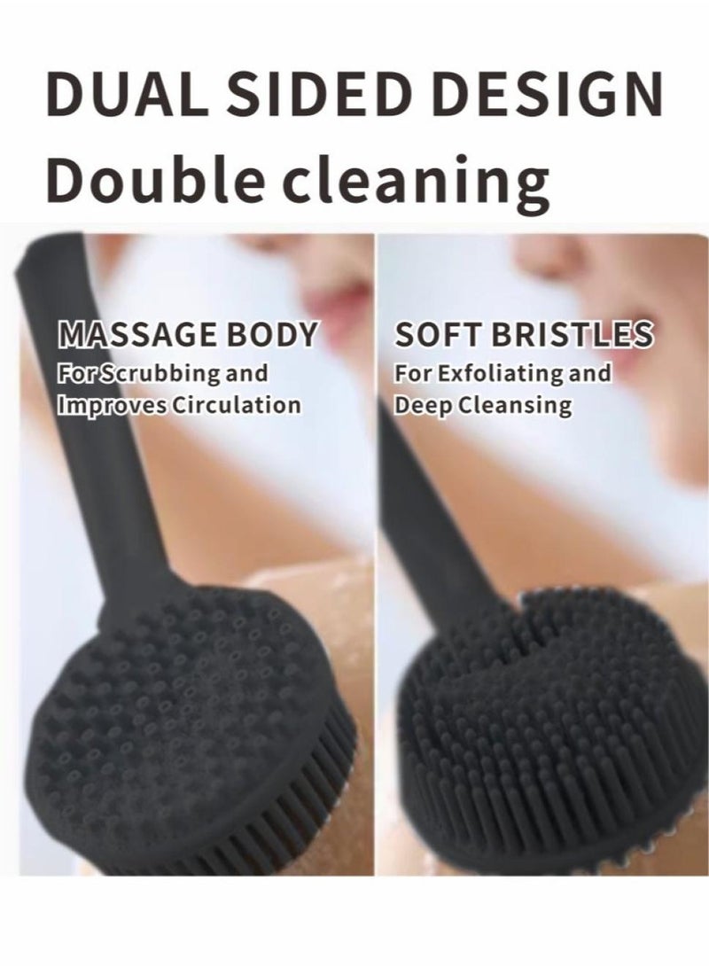 خاجول فرشاة فرك الظهر للجسم للاستحمام، فرشاة استحمام ناعمة من السيليكون، فرشاة ذات مقبض طويل مزدوجة الجوانب، مناسبة لتقشير الجسم أثناء الاستحمام للرجال والنساء، أسود - Image 4