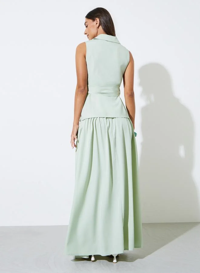 Styli  Green Solid Sleeveless Tie Top and Maxi Skirt Co-Ord Set for Women | Best Price UAE
