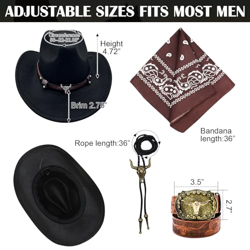 Prebene 5 Pcs Western Cowboy Costume Men Suede Leather Vest Hat Necktie Belt Paisley Bandana for Halloween Cosplay Black XXL - Image 3