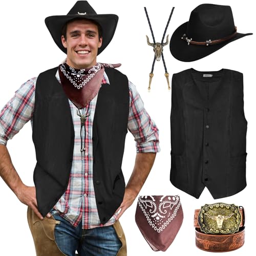 Prebene 5 Pcs Western Cowboy Costume Men Suede Leather Vest Hat Necktie Belt Paisley Bandana for Halloween Cosplay Black XXL - Image 1