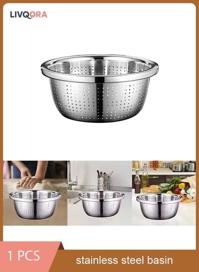 ليفقورا سلة تصفية من الستانلس ستيل 28 سم – مصفاة شبكية معدنية لغسل الخضروات والفواكه والمعكرونة والأرز – وعاء تصفية متين (فضي) - Image 1